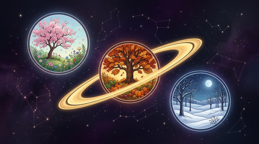 Three life phases of Saturn return shown as spring bloom, autumn harvest, and winter stillness