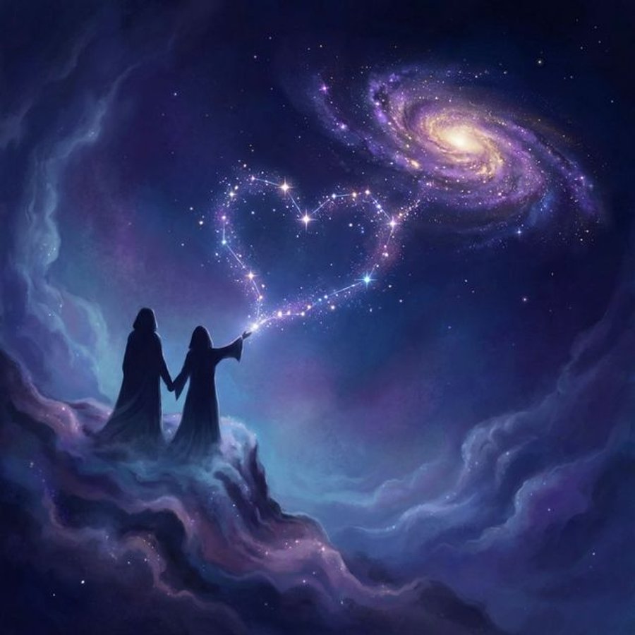 Aquarius love and relationships illustration showing cosmic connection between two figures in blue starlight