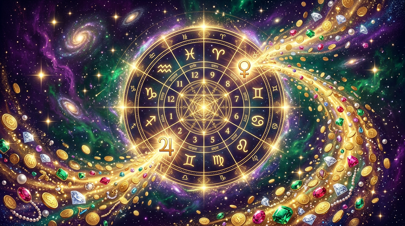 Birth chart and money astrology - golden coins and planetary symbols showing wealth indicators in a Vedic birth chart