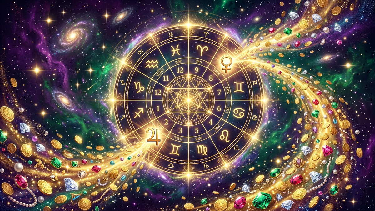 Birth chart and money astrology - golden coins and planetary symbols showing wealth indicators in a Vedic birth chart