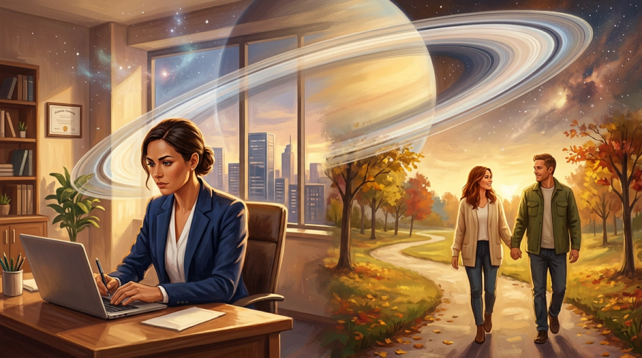 Split scene showing Saturn influencing career in office and partnership on a walking path