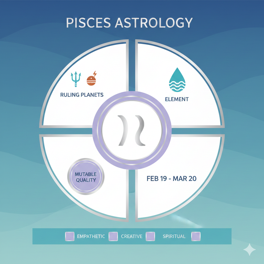Pisces zodiac infographic showing the two fish symbol, Neptune and Jupiter rulership, water element, and key personality traits
