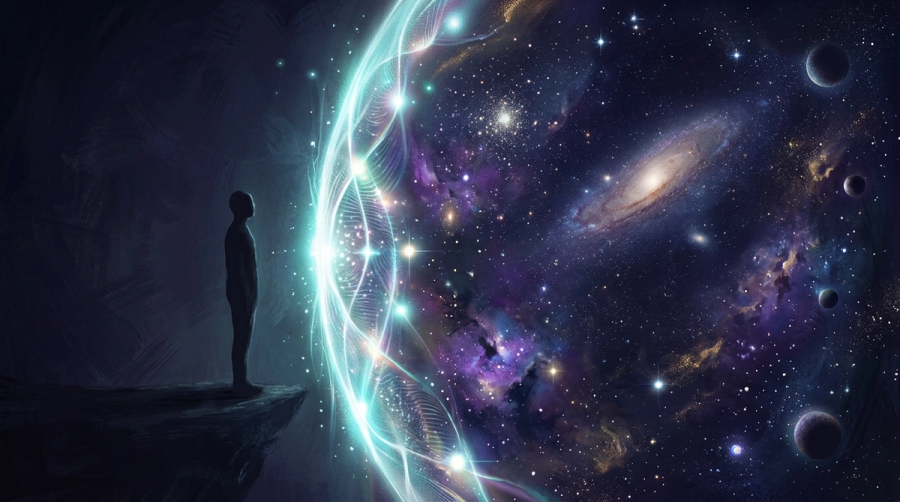 Silhouette facing invisible boundary to the cosmos representing 12th house disconnection