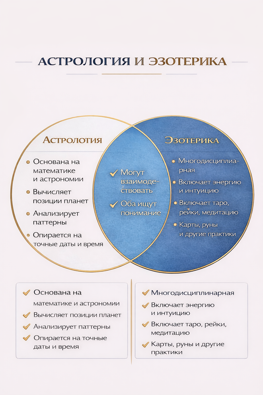Диаграмма сравнения астрологии и эзотерики с основными характеристиками каждой