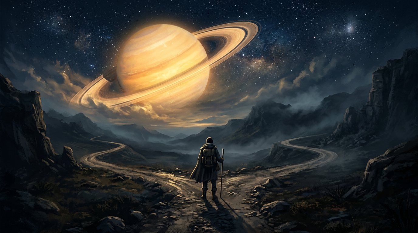 Person standing at crossroads under vast night sky with Saturn looming above representing life transformation