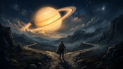 Person standing at crossroads under vast night sky with Saturn looming above representing life transformation
