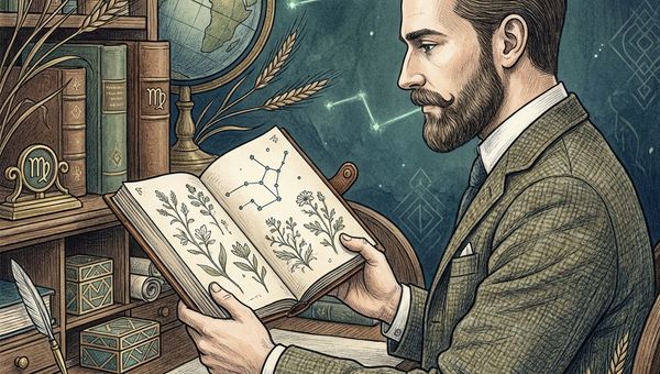 Virgo man personality illustration showing thoughtful male figure with botanical elements and Virgo constellation symbol