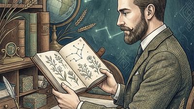 Virgo man personality illustration showing thoughtful male figure with botanical elements and Virgo constellation symbol
