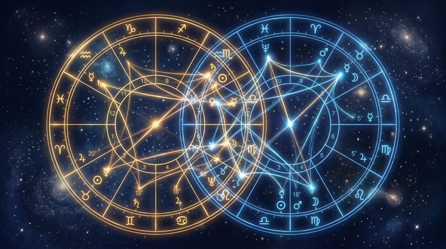 Two natal chart wheels overlapping with glowing connection lines showing synastry between potential soulmates