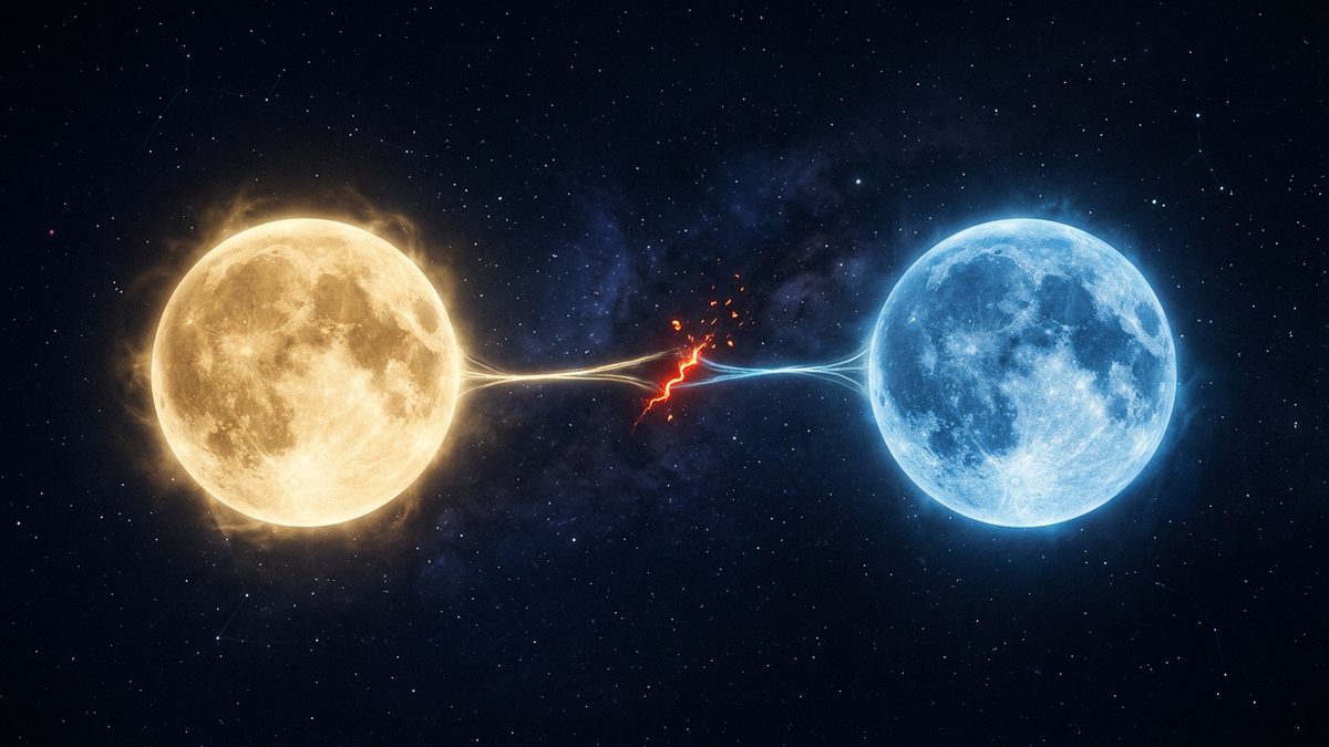 Two celestial bodies connected by fragile light thread representing Chiron in 7th house partnership wound