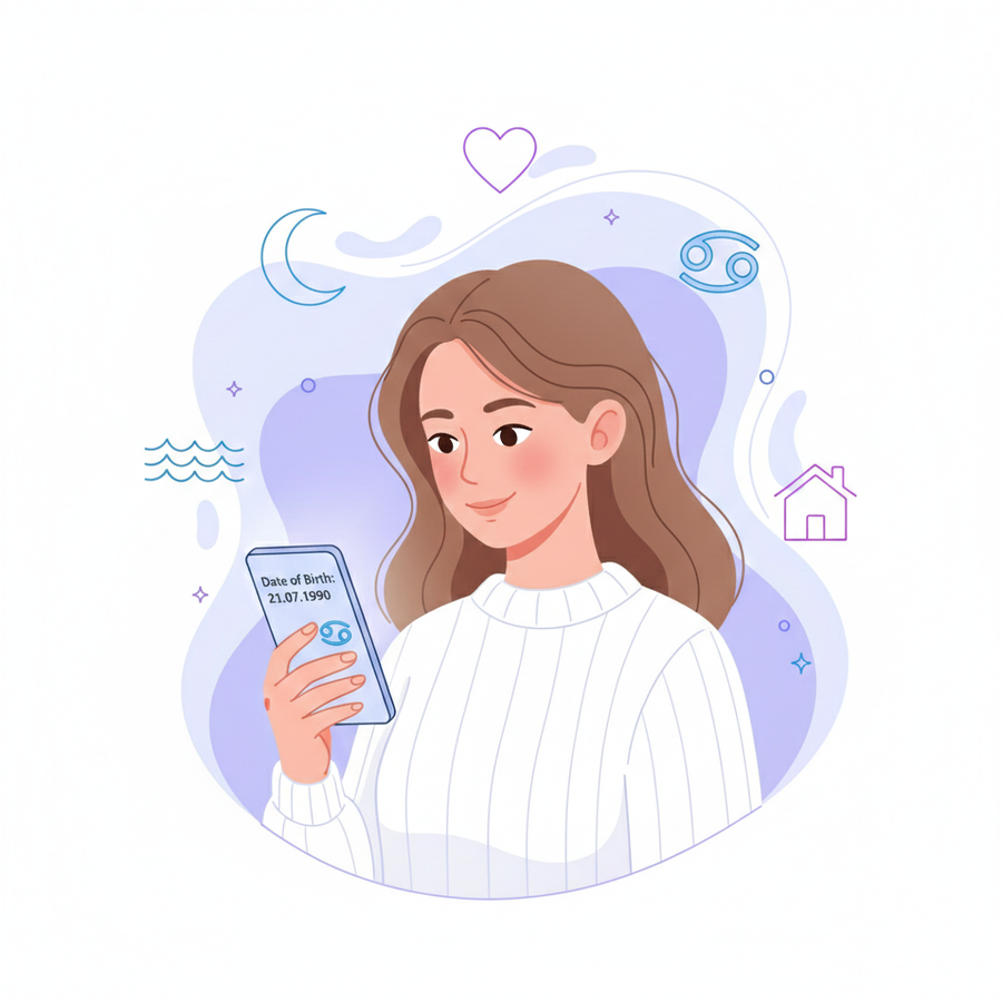 Человек смотрит на телефон с датой рождения, вокруг него появляются символы зодиакального знака