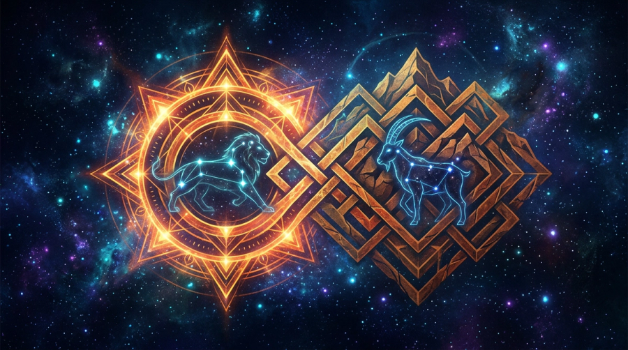 Fiery sun geometry interlocking with a grounded mountain lattice, with lion and goat constellations, showing Leo and Capricorn balance