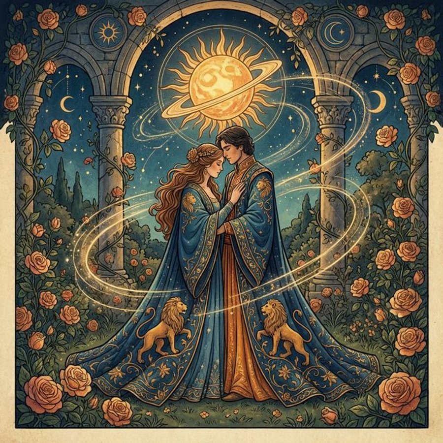 Leo woman in love illustration showing regal couple embraced in warm golden sunlight with solar themes
