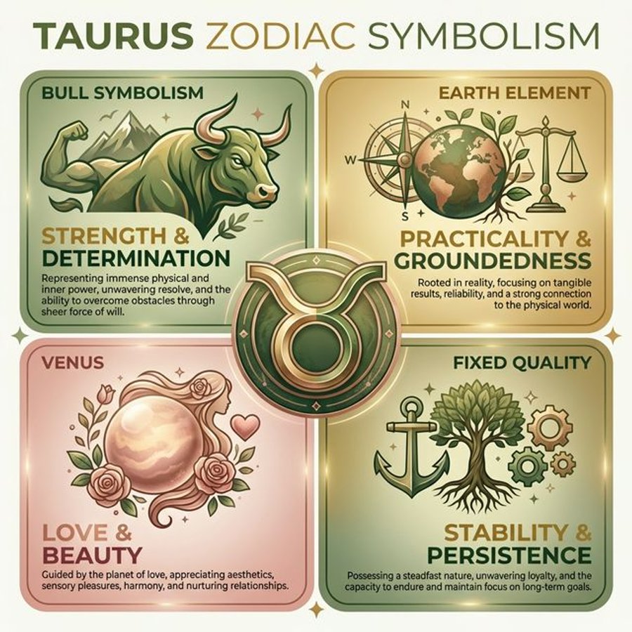 Taurus zodiac symbol infographic showing the bull, earth element, Venus rulership, and fixed quality that define Taurus character