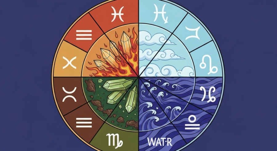 Zodiac wheel divided into four colored quadrants for fire earth air and water elements