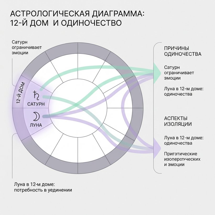 Астрологическая схема показателей одиночества: 12-й дом, Сатурн, пораженная Луна