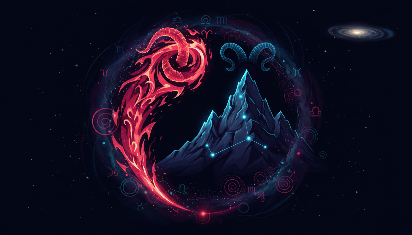 Aries Capricorn compatibility shown as a red fire path rising toward a cosmic mountain