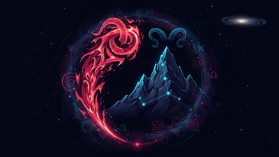 Aries Capricorn compatibility shown as a red fire path rising toward a cosmic mountain