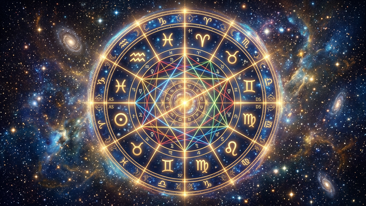 Detailed astrological birth chart wheel with zodiac symbols and planetary aspect lines floating in cosmic space