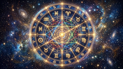 Detailed astrological birth chart wheel with zodiac symbols and planetary aspect lines floating in cosmic space