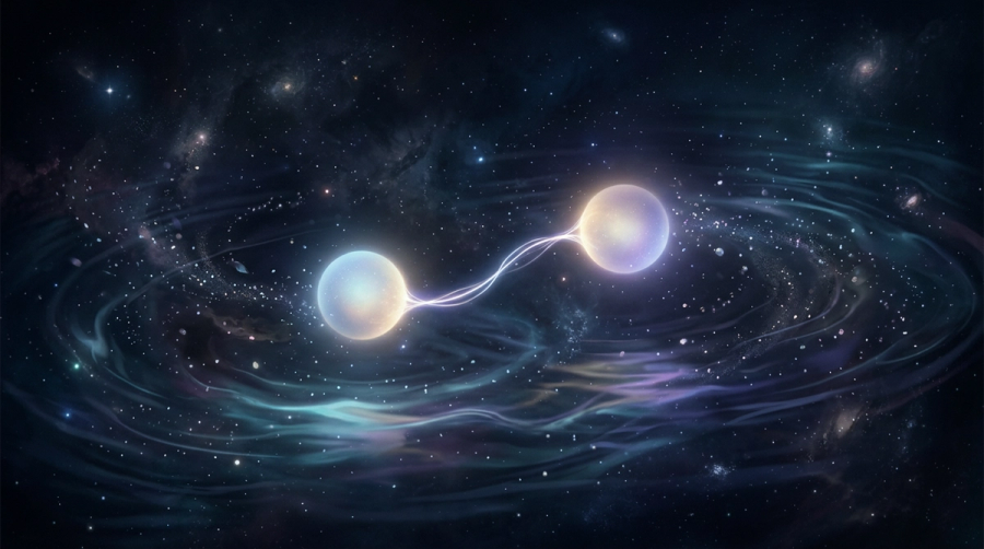 Two glowing orbs of light joined by a thread of energy in a dark cosmic ocean representing deep emotional intimacy between two water signs