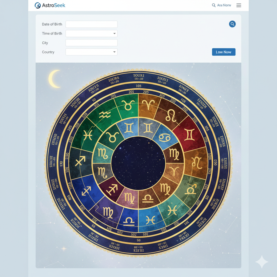 Макет интерфейса AstroSeek: форма ввода данных рождения и построенная натальная карта