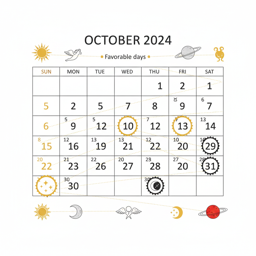 Иллюстрация: календарь месяца с отмеченными благоприятными и сложными днями, астрологические символы