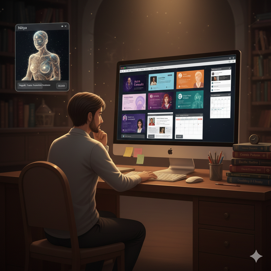 Человек тщательно выбирает астролога и рассматривает разные варианты, включая Nitya