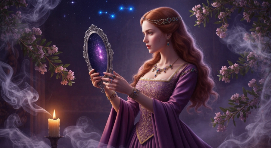 Maiden holding a mirror reflecting stars, surrounded by frankincense smoke and myrtle with Pleiades above