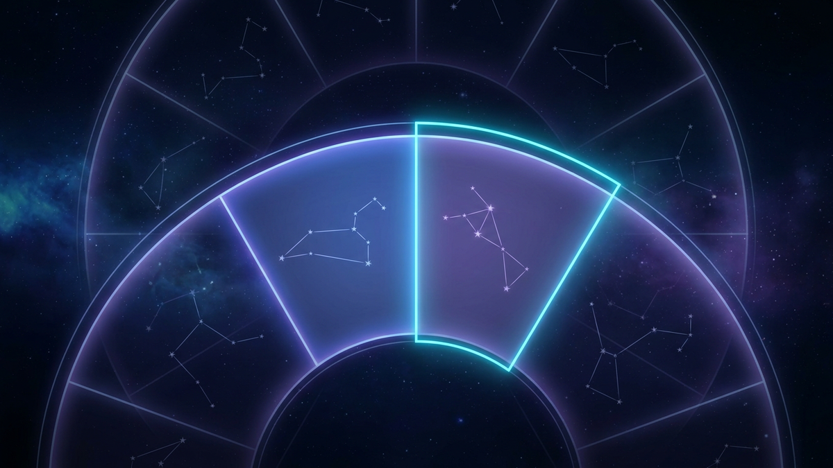 Cosmic zodiac wheel with a glowing boundary line dividing two adjacent signs showing what a cusp in astrology is
