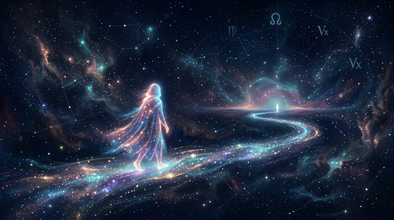 Cosmic pathway with a luminous figure and a second light approaching for when will i meet my soulmate astrology