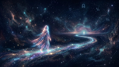 Cosmic pathway with a luminous figure and a second light approaching for when will i meet my soulmate astrology