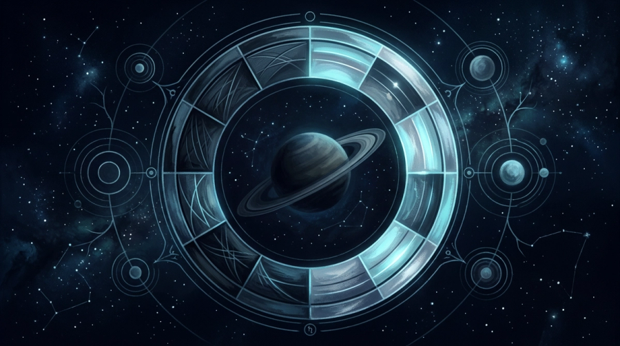 Concentric Saturn rings tightening around a chart wheel marking the houses where Saturn transits trigger anxiety