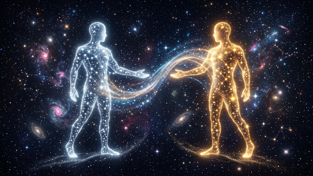Gemini symbol — twin constellation figures in silver and gold facing each other in deep space