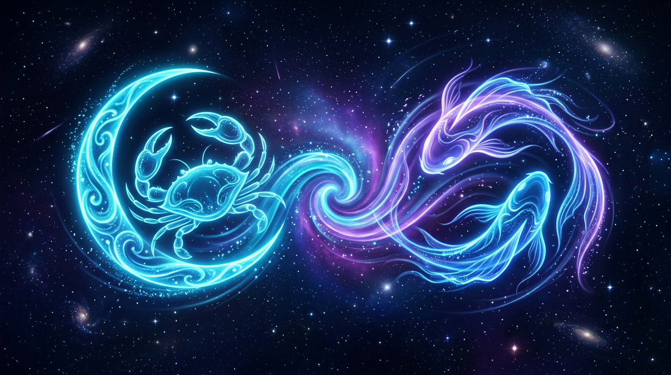 Astrology cancer pisces symbol with a glowing crescent crab and flowing fish forms merging as luminous water currents in a deep navy cosmic sky