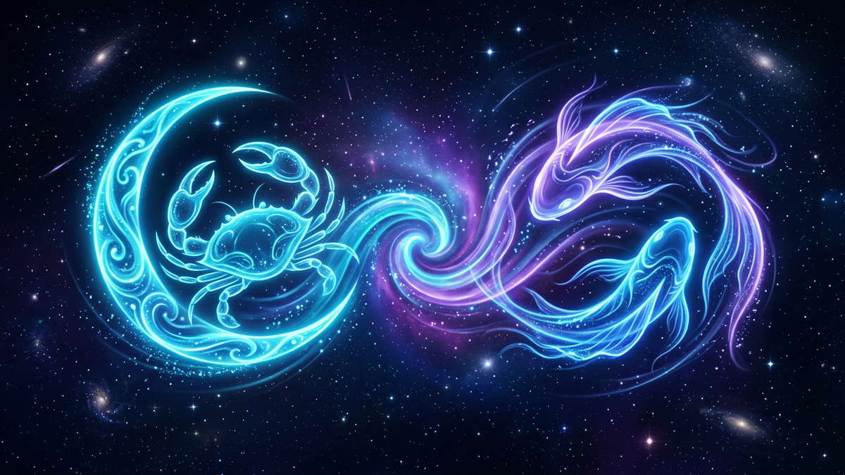 Astrology cancer pisces symbol with a glowing crescent crab and flowing fish forms merging as luminous water currents in a deep navy cosmic sky