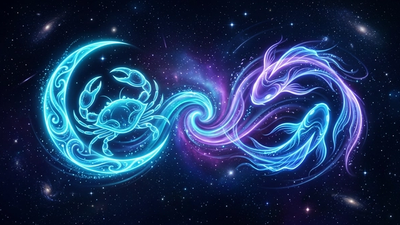 Astrology cancer pisces symbol with a glowing crescent crab and flowing fish forms merging as luminous water currents in a deep navy cosmic sky