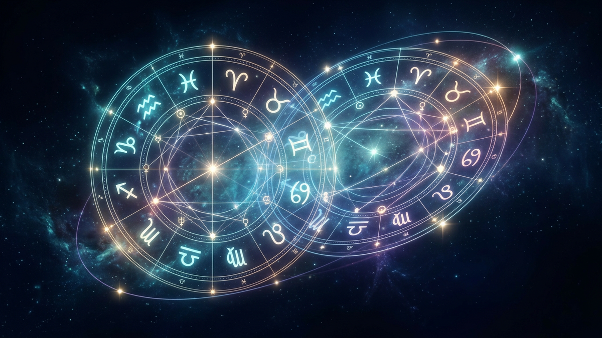 Two intertwining cosmic zodiac wheels with starlight aspect lines connecting planets representing a synastry chart