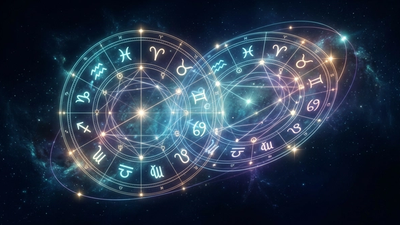 Two intertwining cosmic zodiac wheels with starlight aspect lines connecting planets representing a synastry chart