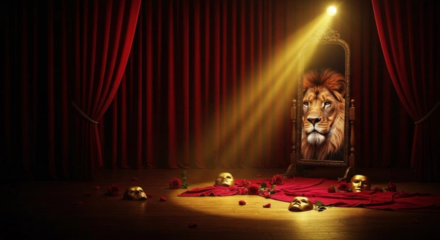 Dramatic theatrical stage with golden spotlight, dark mirror reflecting a lion, golden masks and roses