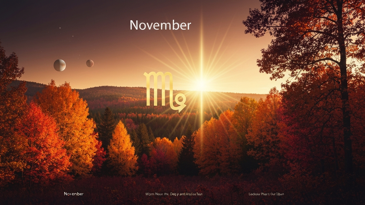 November 10 zodiac Scorpio symbol with autumn leaves and deep water reflecting stars