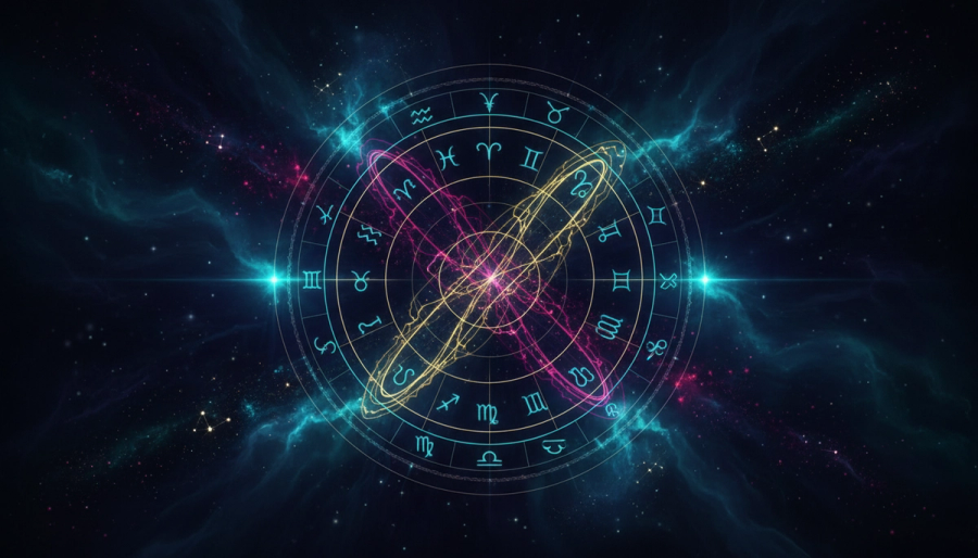Taurus and Scorpio glyphs opposite each other on a luminous astrology wheel
