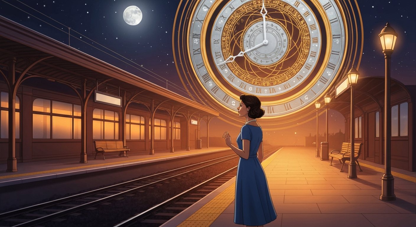 A woman at a quiet platform beneath a cosmic clock