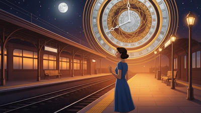 A woman at a quiet platform beneath a cosmic clock