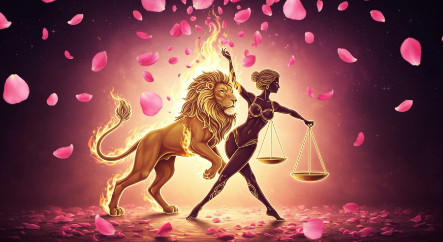 Leo lion and Libra scales intertwined in golden cosmic light showing zodiac compatibility