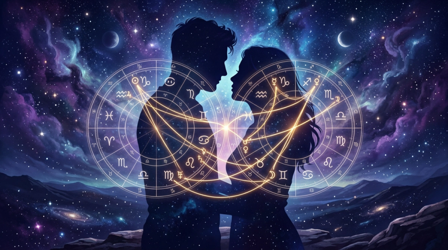 Venus and Mars planetary symbols connected by aspect line in synastry chart
