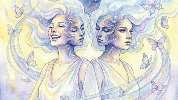 Gemini woman zodiac illustration showing twin duality symbols, butterflies, and air element energy ruled by Mercury