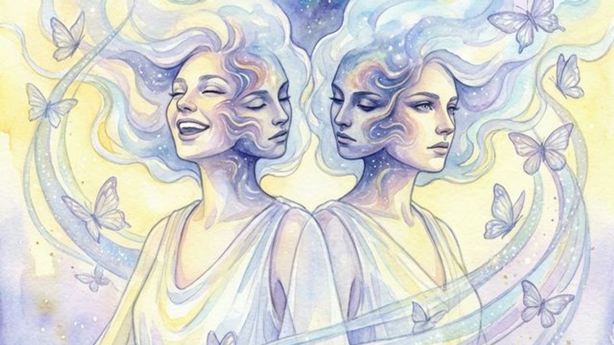 Gemini woman zodiac illustration showing twin duality symbols, butterflies, and air element energy ruled by Mercury