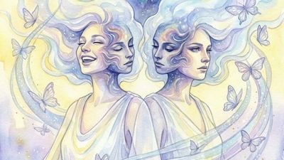 Gemini woman zodiac illustration showing twin duality symbols, butterflies, and air element energy ruled by Mercury