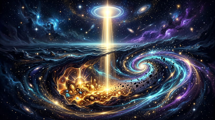 Cosmic depths with glowing hidden treasure and a lens of light symbolizing 8th house research, inheritance, and transformation